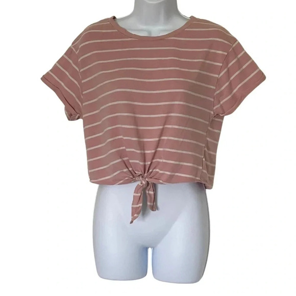 Tie-Up Crop Top Tee - Crew Neck- Pink and White Striped - Women's Size Medium - Picture 3 of 8